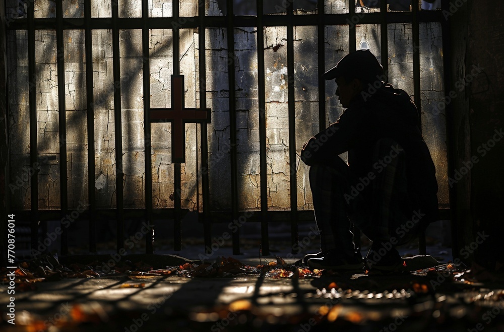 The somber mood reflects in the image of a person in contemplation by a cross window with sunlight penetrating The somber mood reflects in the image of a person in contemplation by a cross window with sunlight penetrating