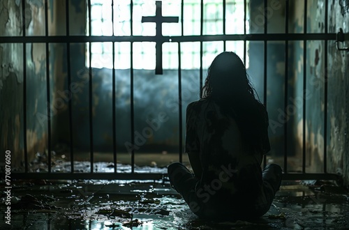 A woman sits by a cross window in a gloomy prison, symbolizing hope amidst despair and seeking liberation