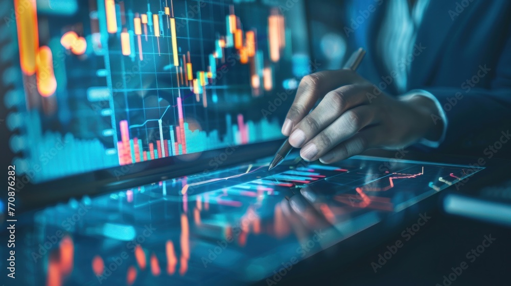 analysis working with the latest financial results. Analysis of sales forecast graphs, financial accounting with hand writing Abstract digital effect for background - obrazy, fototapety, plakaty 