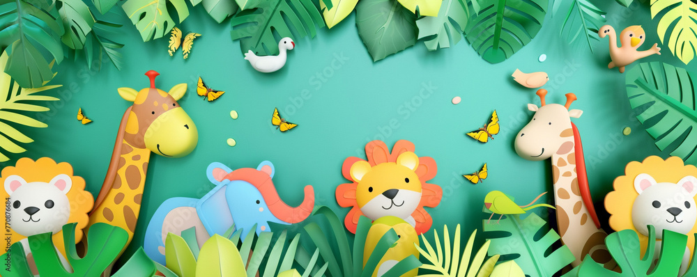 Playful jungle gym for babies, colorful animals and lush foliage, adventurous 3D illustration