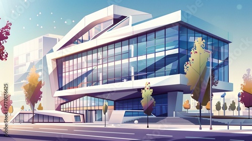 Illustration of contemporary multistory building with geometric design and glass windows photo