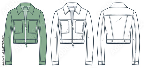 Leather Jacket technical fashion illusrtation. Denim Jacket fashion flat technical drawing template, zip-up, pockets, slim fit, front, back view, white, olive green, women, men, unisex CAD mockup set. photo