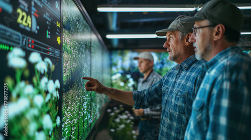 Senior Farmers Analyzing Data on Digital Display in High-Tech Greenhouse