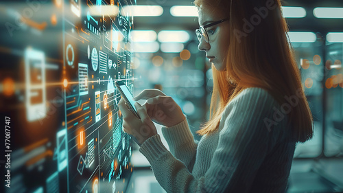 Medium shot of female technician working on a tablet in a data center full of rack servers running diagnostics and maintenance on the system photo