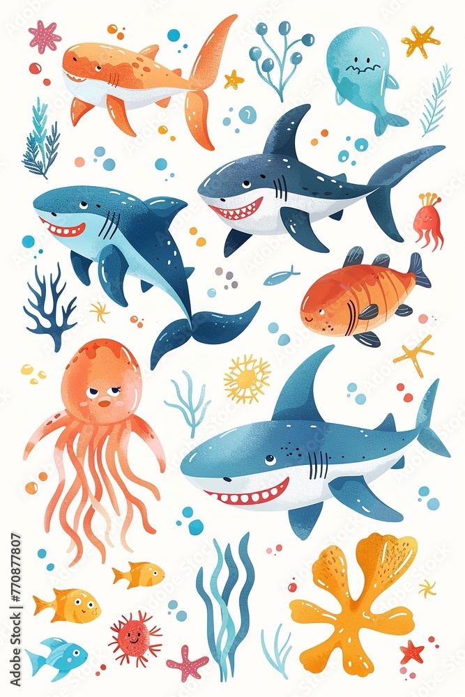 Cute, colorful shark cartoons, paired with friendly krakens, vector ocean invertebrates, marine adventure