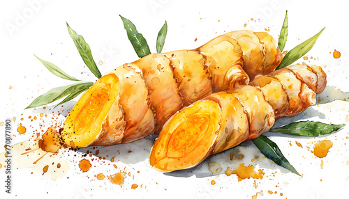 Watercolor Turmeric with leaves on transparent background