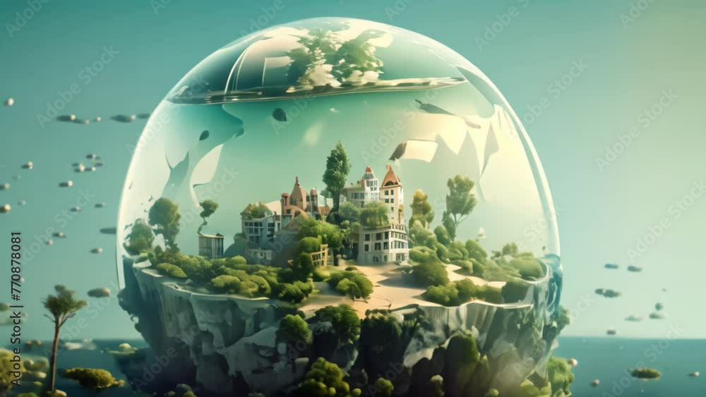 Glass Ball With Island Inside - A Captivating and Unique Miniature World Encased in Crystal, Plastic pollution in the sea, Concept of global warming, 3D rendering, AI Generated Glass Ball With Island Inside - A Captivating and Unique Miniature World Encased in Crystal, Plastic pollution in the sea, Concept of global warming, 3D rendering, AI Generated