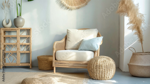 Coastal style room in light pastel hues with rattan furniture