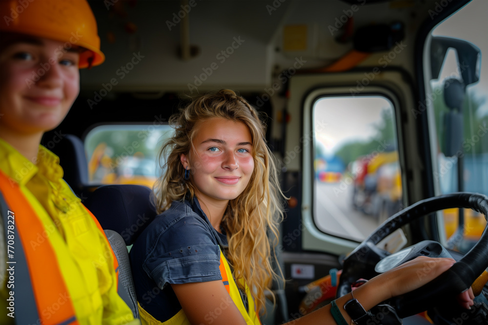 Young Female Construction Worker Driving a Truck Young Female Construction Worker Driving a Truck