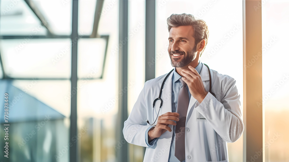 Confident Male Doctor Standing in Sunlit Office Confident Male Doctor Standing in Sunlit Office