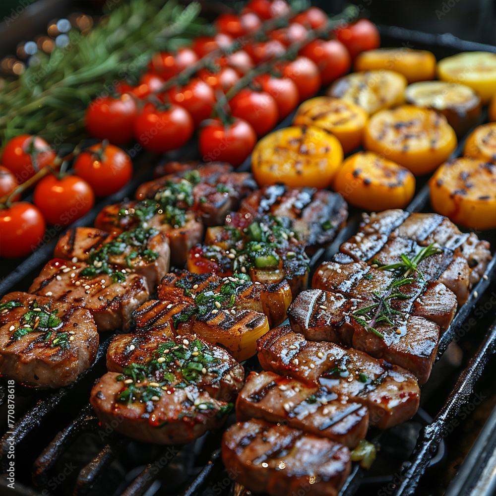 A grill with meat and vegetables on it ai technology