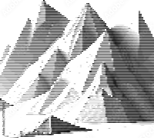 Striped filter abstracts low-poly mountains into grayscale.