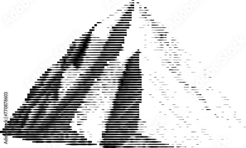 Striped visual effect applied to low-poly mountain landscape.