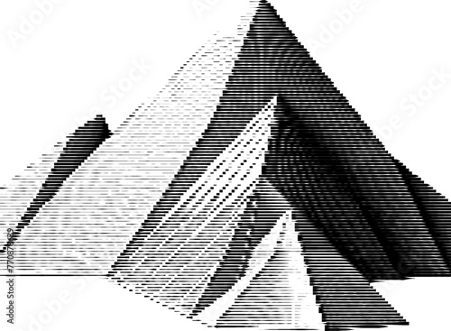 Striped visual effect applied to low-poly mountain landscape.