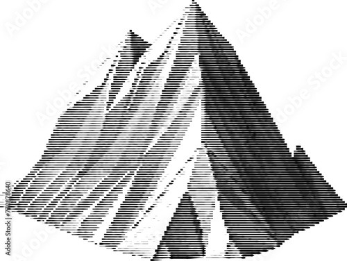 Mountainous low-poly art turned into a striped grayscale image.