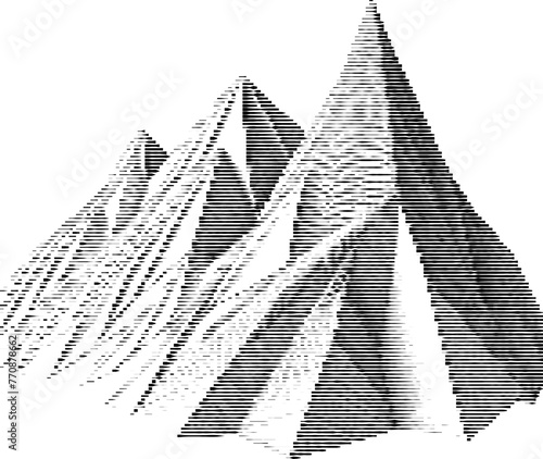 Monochrome stripes blend to form abstract mountain shapes.