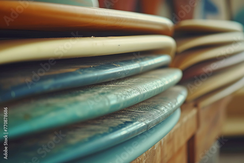 a group of surf boards stacked on a tan table in the  4f53f642-6a0d-4b81-94b4-182ce286a3e7 3 photo