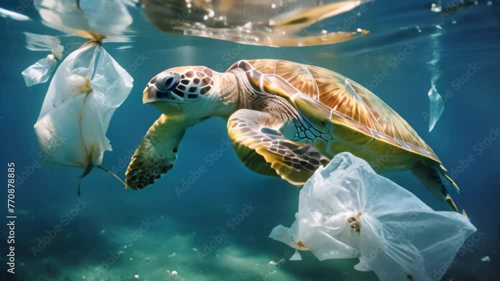 Turtle Swimming in Ocean With Plastic Bag - Environmental Impact of ...