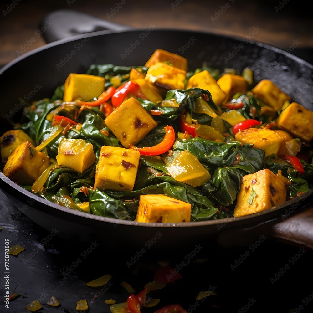 Sautéed Spinach and Tofu in a Pan Close-Up View Sautéed Spinach and Tofu in a Pan Close-Up View