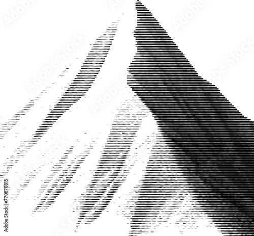 Abstract striped representation of low-poly mountainous terrain.