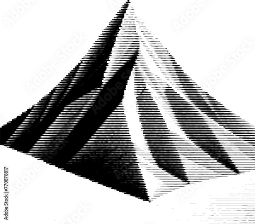 Striped visual effect applied to low-poly mountain landscape.