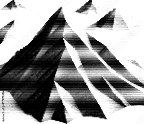 Abstract striped representation of low-poly mountainous terrain.