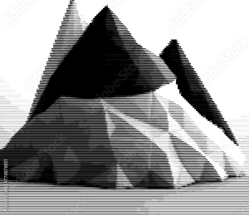 Abstract striped representation of low-poly mountainous terrain.