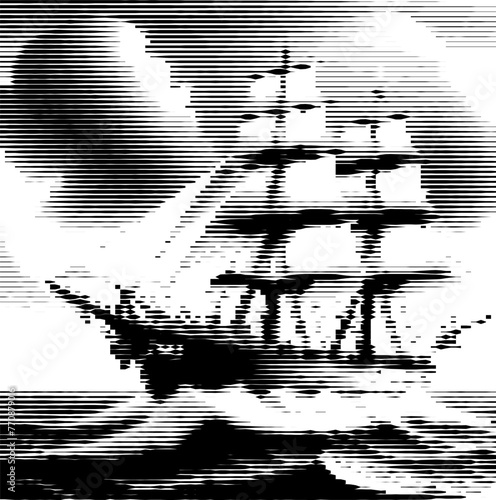 Grayscale stripes reimagine a nautical journey through tempestuous waves.