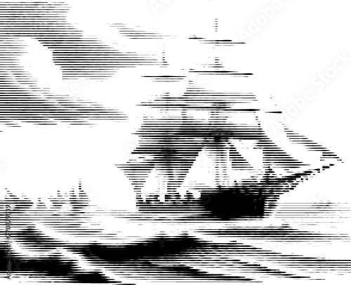 Nautical silhouette, fragmented into grayscale stripes and stormy waves.