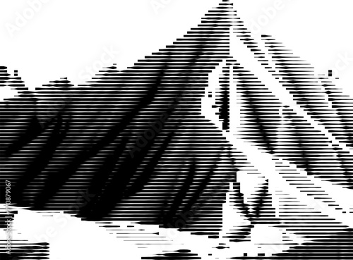Mountainous low-poly art turned into a striped grayscale image.