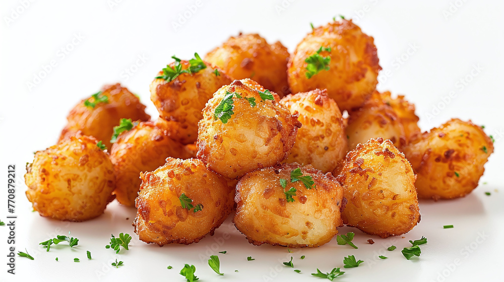 Tater tots with parsley on white background. Close-up with place for text. Comfort food concept for design and print Tater tots with parsley on white background. Close-up with place for text. Comfort food concept for design and print