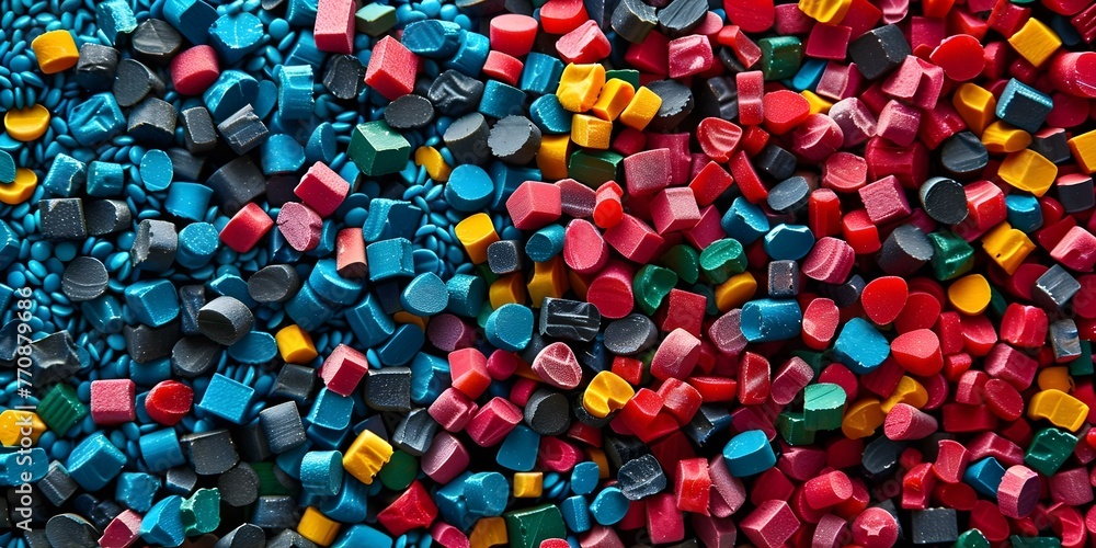 Colorful plastic pellets for recycling promoting reuse and separate waste collection in plastic manufacturing. Concept Plastic Pellet Recycling, Reuse Initiative, Waste Collection - obrazy, fototapety, plakaty 