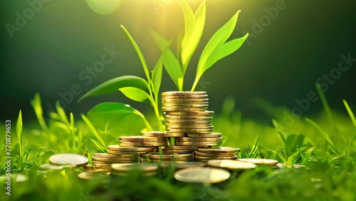 A stunning photograph of a pile of coins delicately balanced on top of a vibrant, verdant field, Stacked gold coins on the grass with little plants growing on the coin stack, AI Generated photo