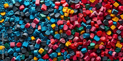Colorful plastic pellets for recycling promoting reuse and separate waste collection in plastic manufacturing. Concept Plastic Pellet Recycling, Reuse Initiative, Waste Collection photo