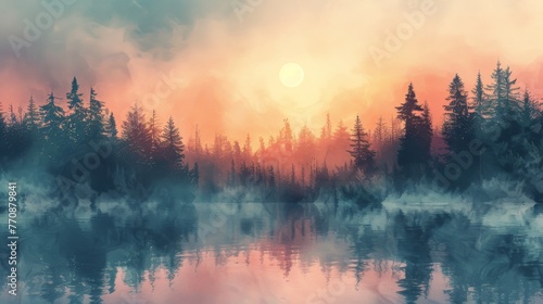 Enlightening scene of a pastel sunrise over a tranquil forest, captured in delicate watercolor strokes photo