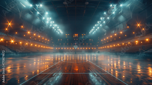 Large indoor basketball court in darkness and spotlights reflecting in wooden floor. Panoramic view. Horizontal orientation. Generative AI