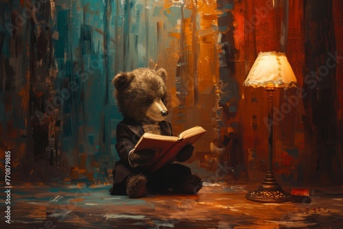 In a cozy, hidden library within the woods, under the soft glow of a reading lamp, sits a baby bear photo