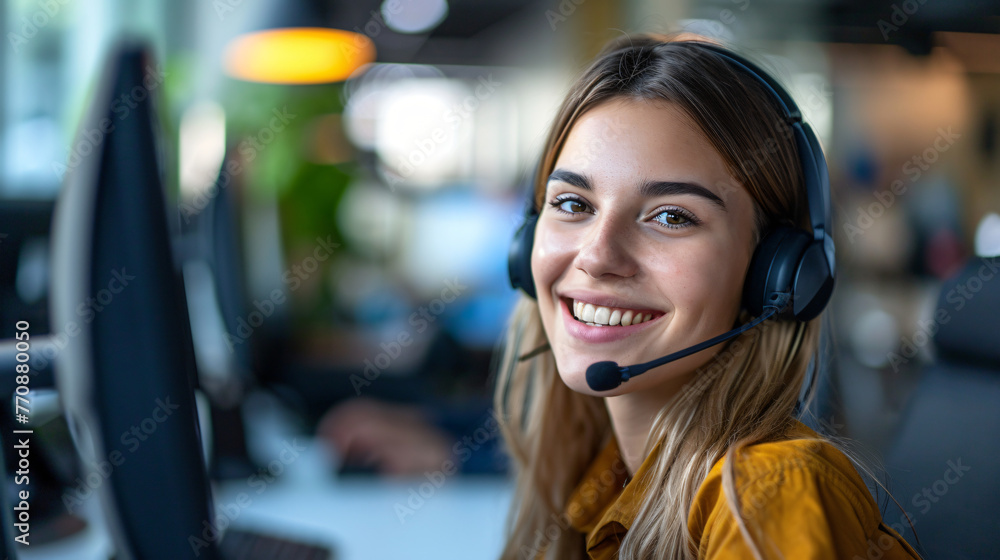 Smiling white young call center employee working during daytime at office desk. Smiling white young call center employee working during daytime at office desk.