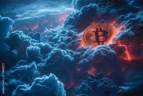 Wrath of Bitcoin against traditional banking, stormy sky, eye-level view photo
