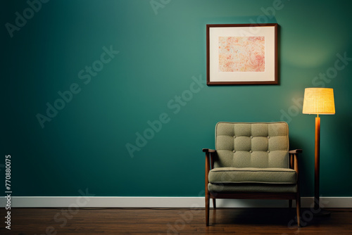 a single picture frame hanging on an wall in vintage living room with couch and lamp photo