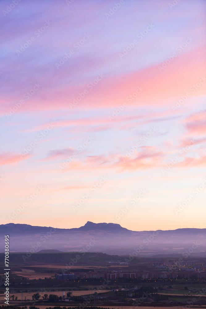 pink and orange sunset in the mountains of Sierra Cantabria full shot eye level