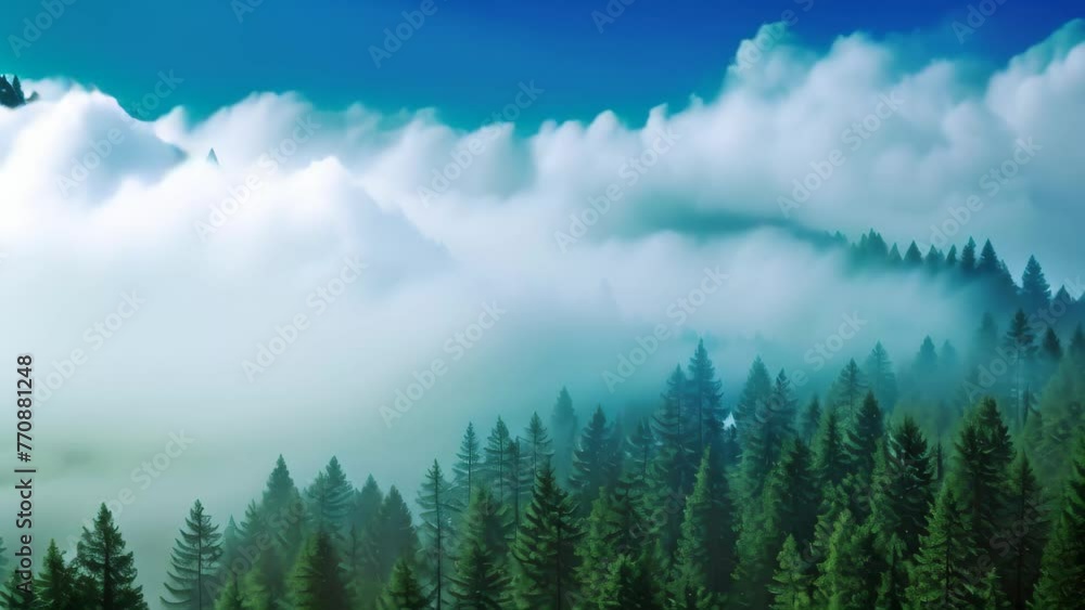 Journey through a magical forest with an endless array of trees shrouded in a mysterious fog, Thick fog covering a dense coniferous forest, seen from a bird's eye view, AI Generated
