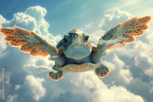Whimsical 3D cartoon depiction of a charming turtle flying on the sky with cloud.