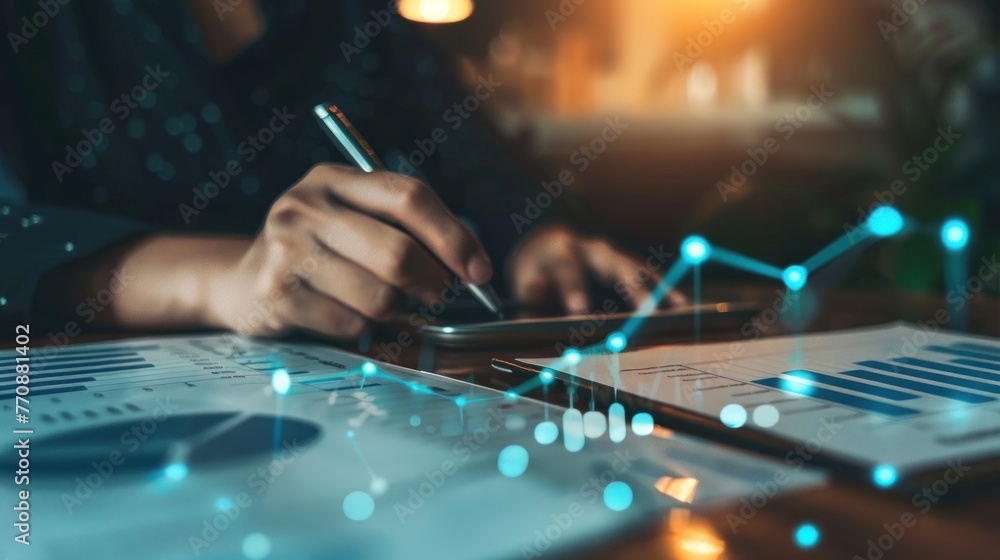 analysis working with the latest financial results. Analysis of sales forecast graphs, financial accounting with hand writing Abstract digital effect for background - obrazy, fototapety, plakaty 