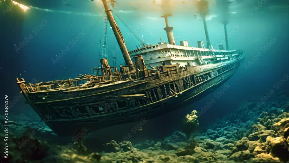 Giant Boat Sailing Smoothly on the Surface of the Water, Titanic shipwreck lying silently on the ocean floor, showcasing the immense scale of the fragmented structure, AI Generated Giant Boat Sailing Smoothly on the Surface of the Water, Titanic shipwreck lying silently on the ocean floor, showcasing the immense scale of the fragmented structure, AI Generated