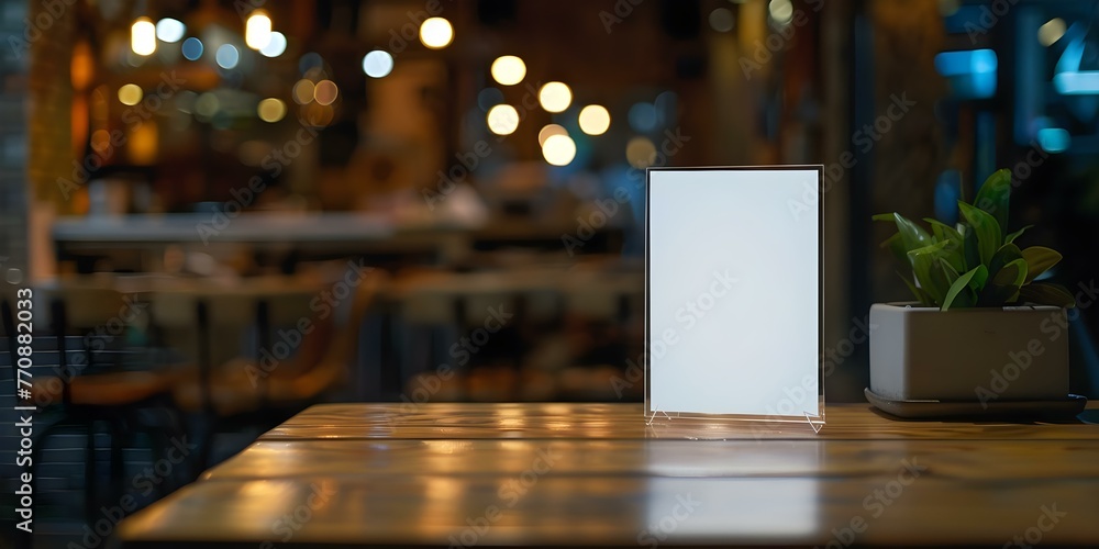 Creating a Menu Frame in a Restaurant: White Sheet Paper Acrylic Tent Card on a Table with Blurred Background. Concept Restaurant Decor, Menu Design, Table Setting, Acrylic Tent Card Creating a Menu Frame in a Restaurant: White Sheet Paper Acrylic Tent Card on a Table with Blurred Background. Concept Restaurant Decor, Menu Design, Table Setting, Acrylic Tent Card