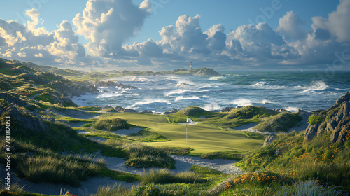 A golfer lines up a shot from the rough on a links-style course, with windswept dunes and rugged terrain adding an element of challenge and adventure to the game, against a backdro © Наталья Евтехова