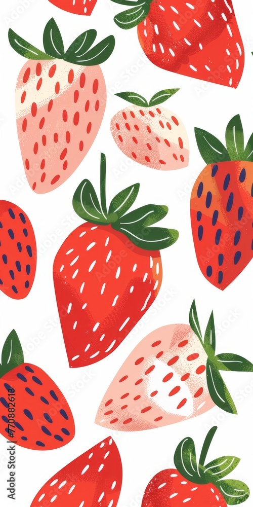 Fresh Red Strawberry Simple Pattern l Cute bright berry fruit design wallpaper art l Sweet illustration vector print paper in white background l strawberries in warm spring season cartoon Fresh Red Strawberry Simple Pattern l Cute bright berry fruit design wallpaper art l Sweet illustration vector print paper in white background l strawberries in warm spring season cartoon