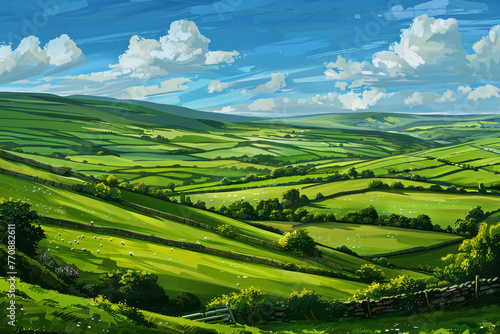 green fields farmland rural landscape agriculture illustration nature panorama