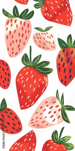Fresh Red Strawberry Simple Pattern l Cute bright berry fruit design wallpaper art l Sweet illustration vector print paper in white background l strawberries in warm spring season cartoon